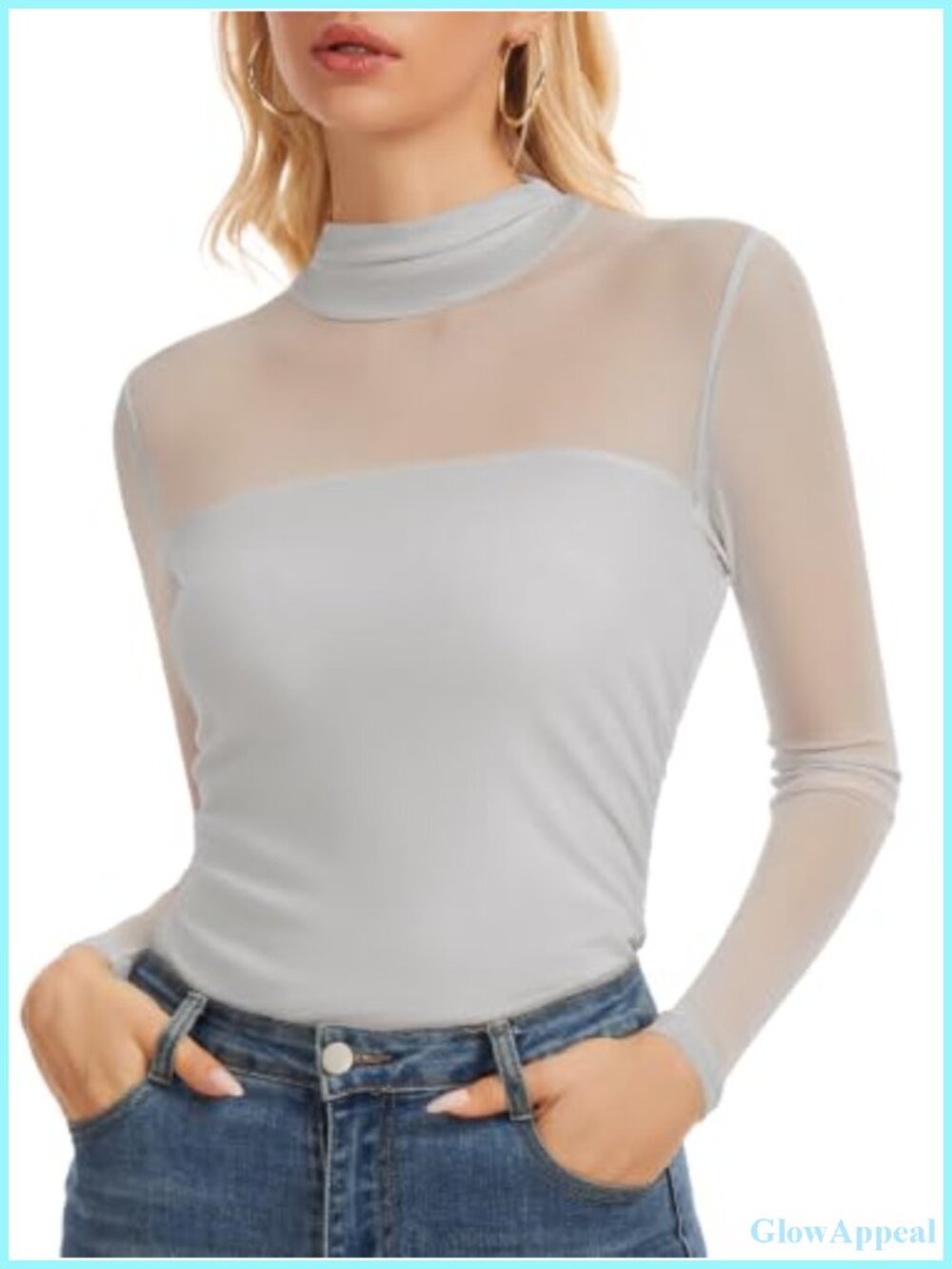 Women's Sheer Mesh Long Sleeve Mock Neck Ruched Slim Fit Blouse